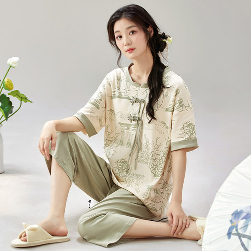 浪莎新中式睡衣女纯棉短袖七分裤