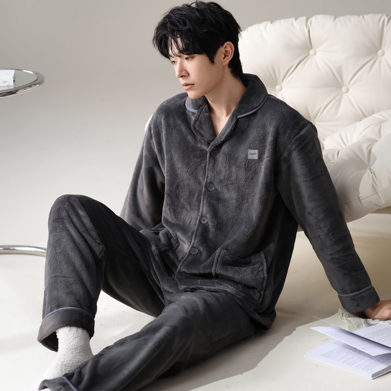 浪莎珊瑚绒睡衣男秋冬季加厚可外穿青少年休闲保暖加绒家居服套装