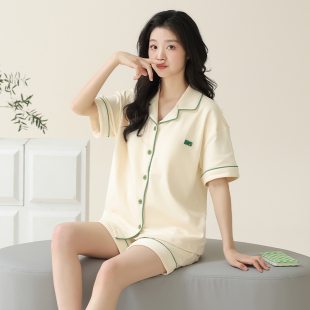 短裤 短袖 可外穿纯色休闲女士家居服两件套 开衫 浪莎纯棉睡衣女夏季