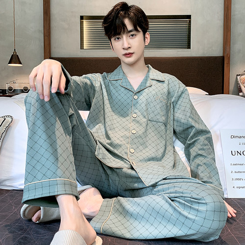 浪莎男士睡衣春秋季纯棉翻领长袖开衫休闲加大码青少年家居服套装 - 封面