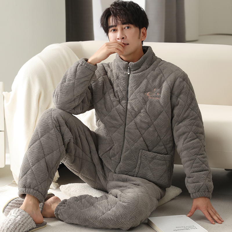 浪莎冬季珊瑚绒夹棉睡衣男家居服