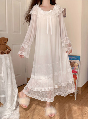 夏季荷叶边宫廷公主风家居服甜美少女网纱蕾丝拼接长袖连衣裙睡袍