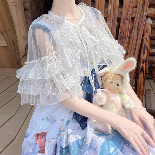 lolita设计感小众开衫防晒坎肩披肩罩衫OP洋装蕾丝网纱超仙外搭女