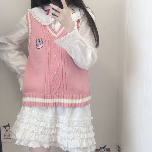 日系学院风美乐蒂jk毛衣马甲可爱刺绣春秋百搭休闲针织外套背心