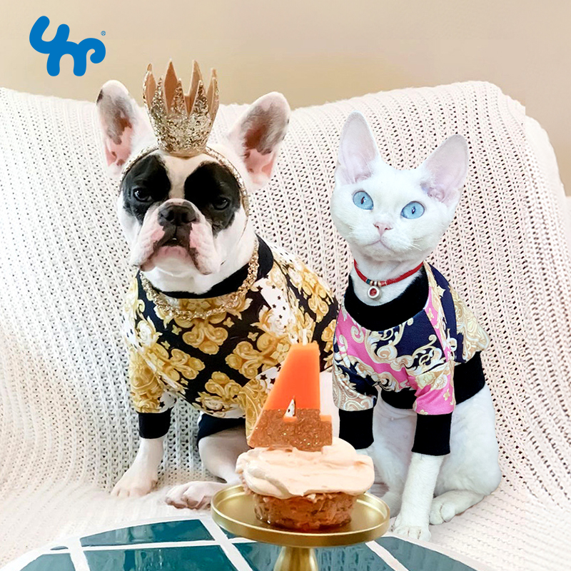 宝眷宠物狗衣服猫咪春秋款泰迪雪纳瑞比熊图腾印花打底衫插肩T恤