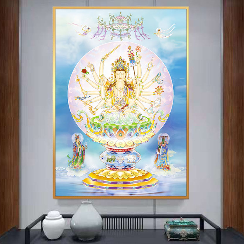 全套准提菩萨画像准提佛母高清挂画铝合金色佛像相框挂轴画欧式框
