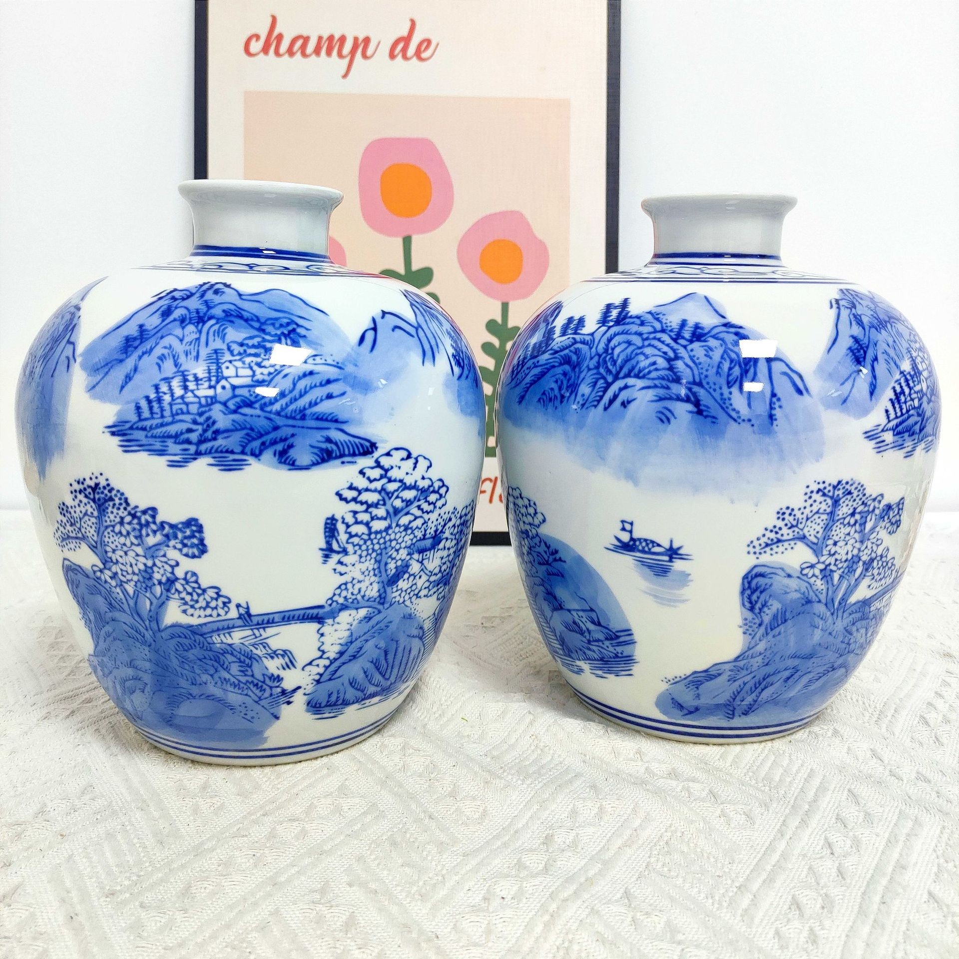 青花瓷花瓶高级感复古山水画母亲节玄关桌面摆件装饰品古典定制图片