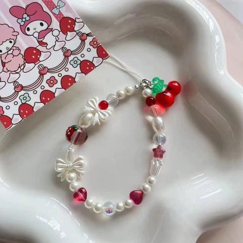 ins花朵链条草莓蝴蝶结手机挂链小众串珠樱桃吊坠相机ccd挂绳定制