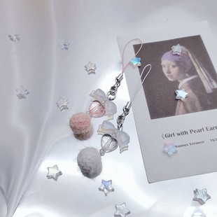 秋冬款可爱少女心甜心夜光蝴蝶结串珠手机链简约绒球咕本卡册定制