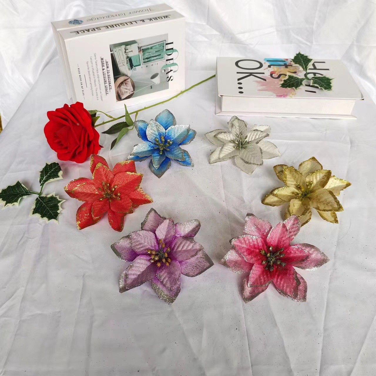 现货两层金边圣诞花仿真花圣诞树挂件节日装饰花花环配件定制