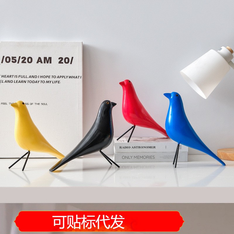北欧木质小鸟摆件手工绘画仿真小鸟客厅摆设家居橱窗柜台装饰定制