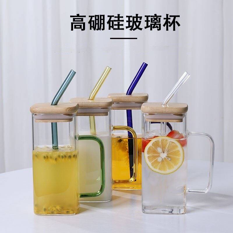 高硼硅带盖玻璃吸管杯带把手方形玻璃杯子简约办公室男玻璃杯