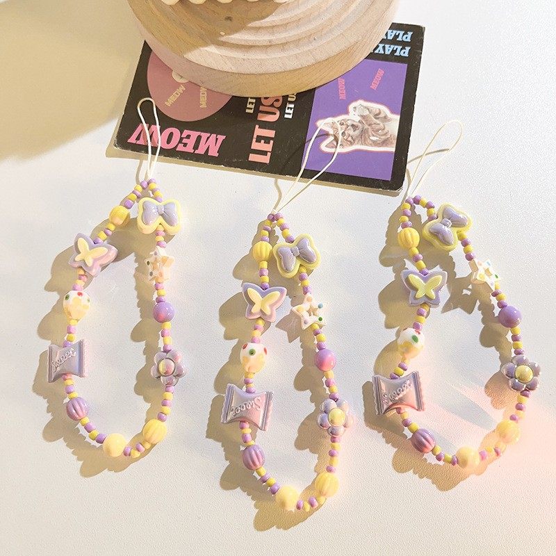 少女ins糖果蝴蝶结珠珠链混搭吊坠饰品ccd相机星星手机挂绳手定制