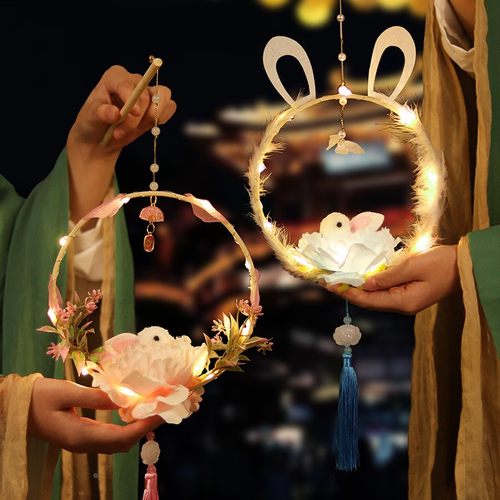 春节古风兔子灯笼手工diy花灯材料包古风手提发光汉服卡通装定制