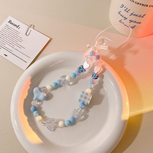 新款diy爱心蝴蝶结手提链手工串珠通用手机壳ins手机挂绳便捷定制