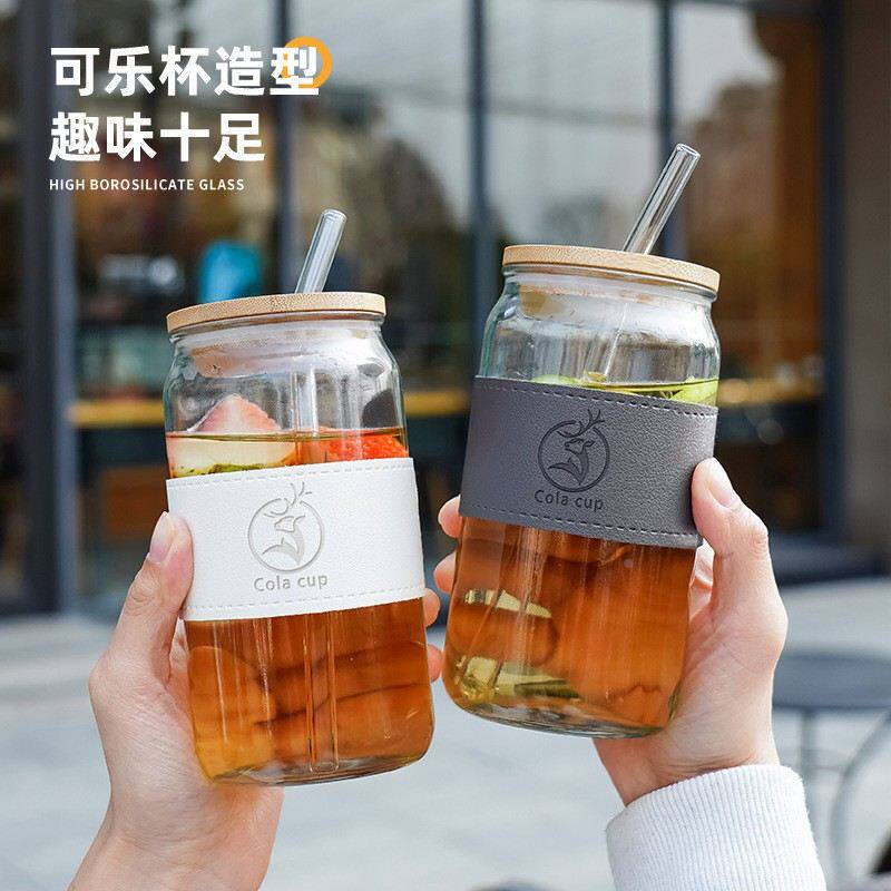单层玻璃水杯竹木盖子带吸管可乐杯吸管杯带皮套隔热玻璃杯子