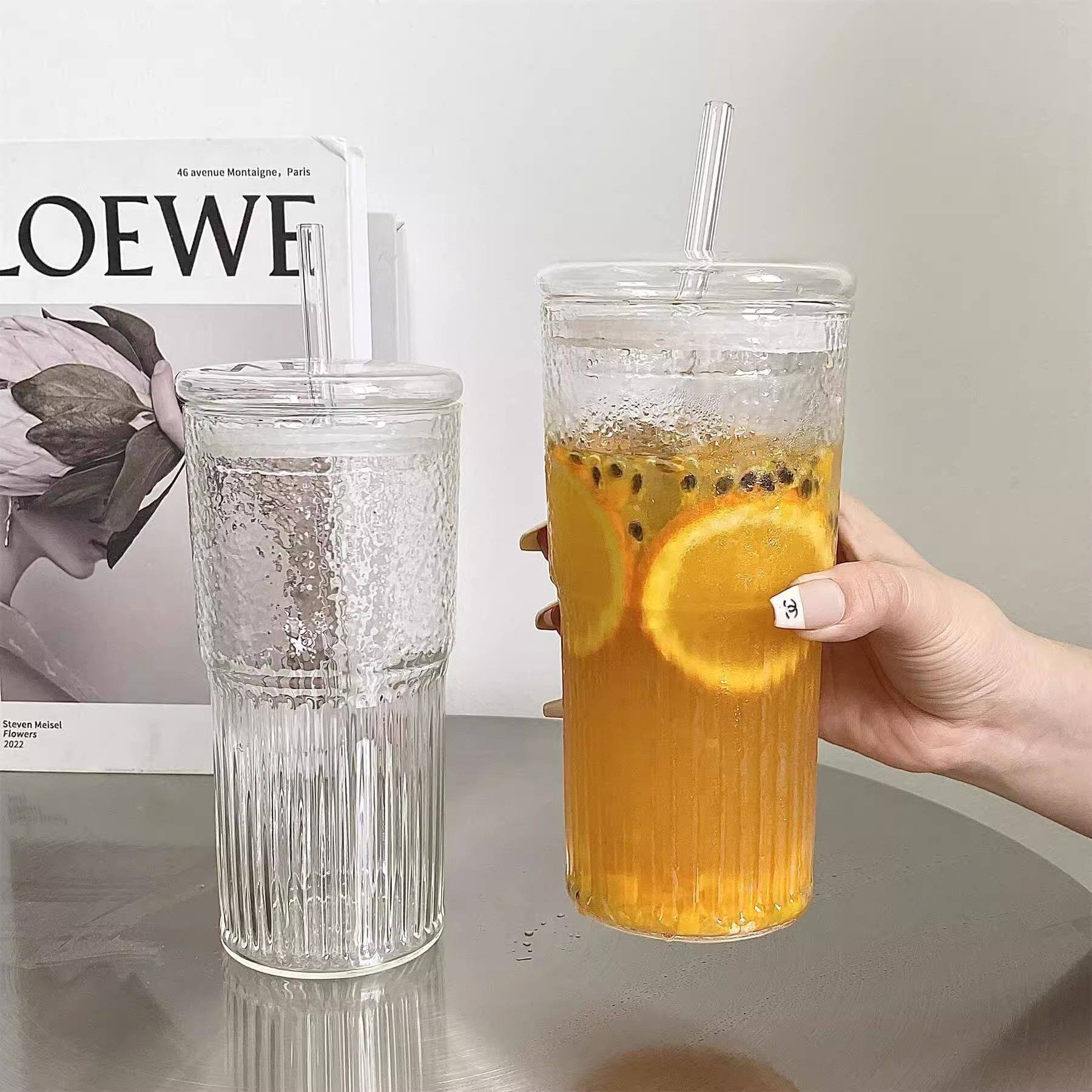 家用大容量玻璃杯带盖子吸管水杯奶茶咖啡杯高颜值喝水杯子