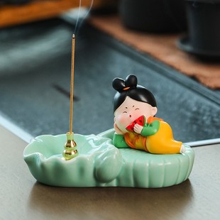 中国风青瓷底线香插盘香炉可爱唐仕女家居摆件檀香沉香插香座定制