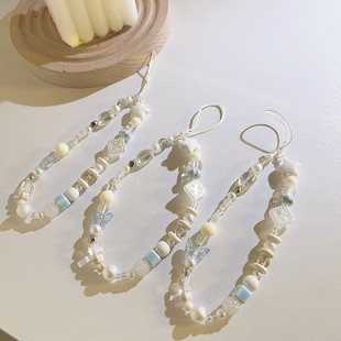 小清新蓝色蝴蝶结珠手绳手机链吊坠通用手机壳手机挂绳防丢链定制