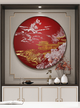 新中式入户玄关圆形装饰画书房浮雕立体画茶室走廊过道背景墙挂画
