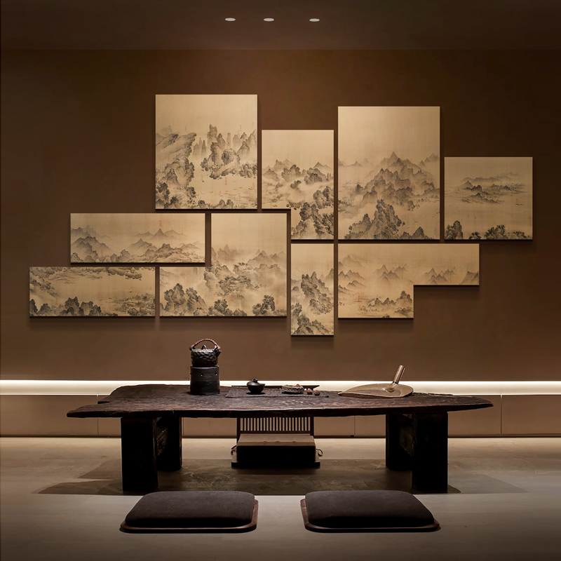 别墅大厅山水风景多联组合挂画酒店包厢高级感装饰画展厅背景壁画图片