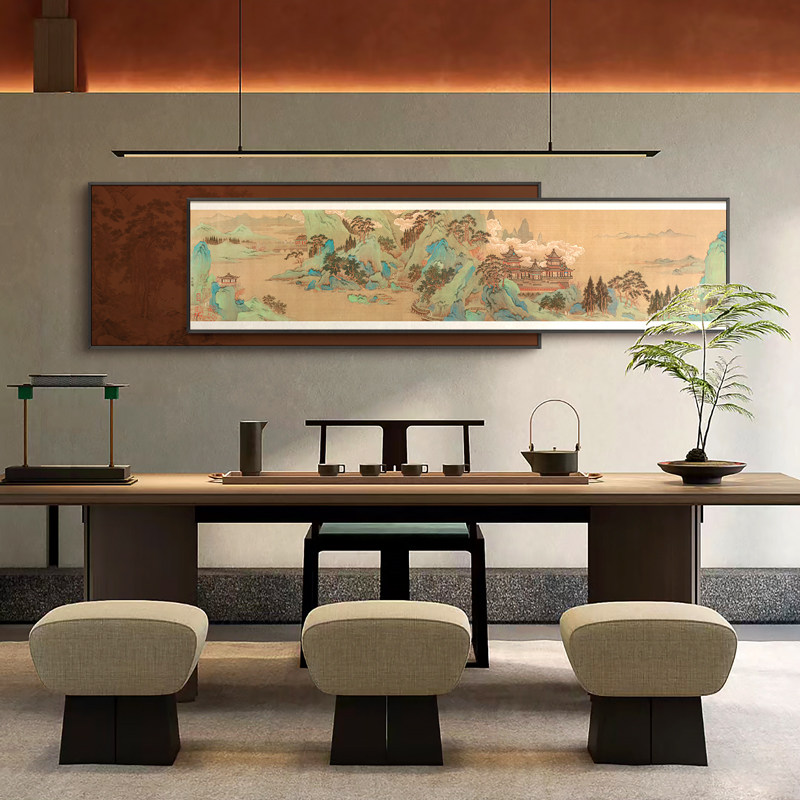 新中式茶室《千里江山图》餐厅背景墙挂画办公室风景山水装饰画