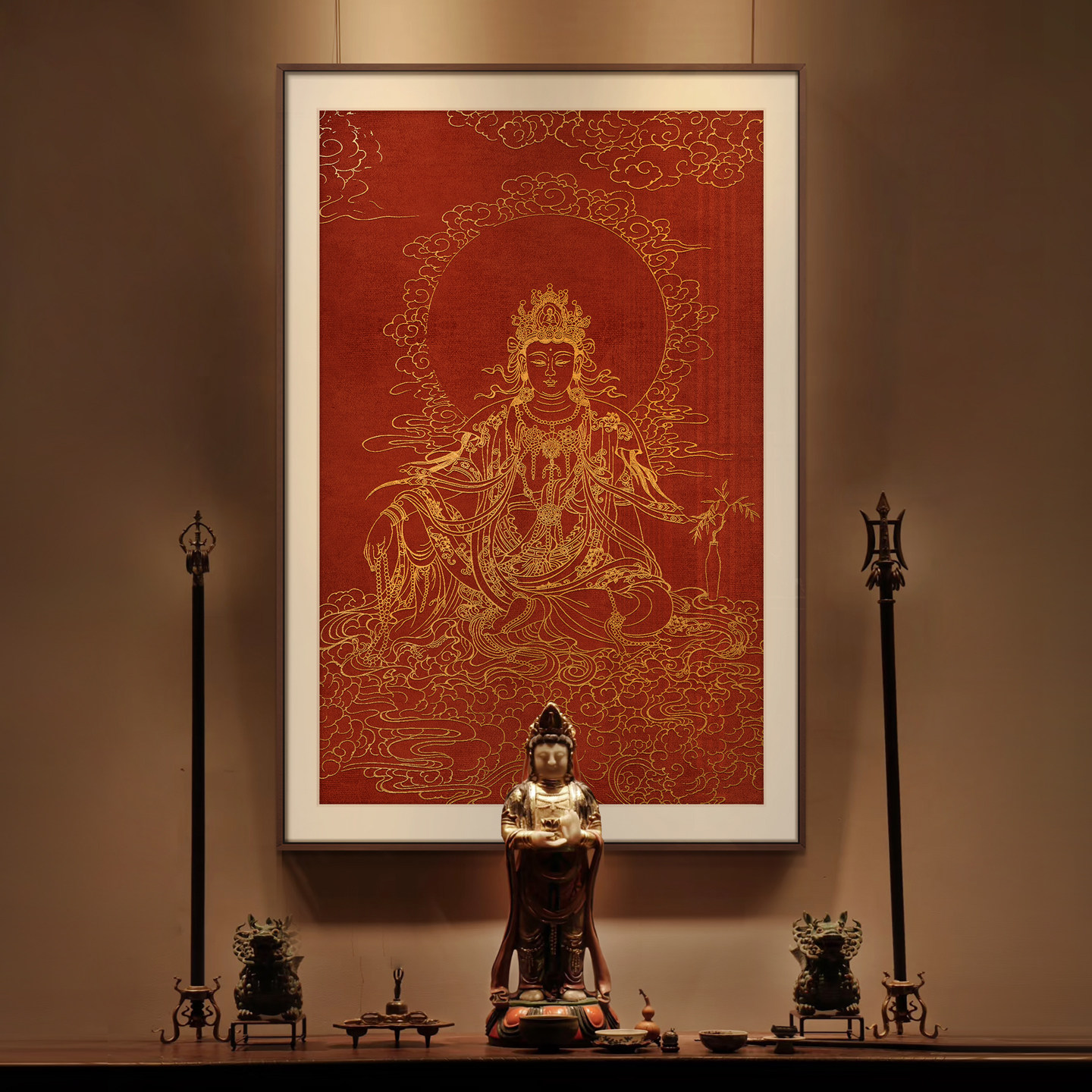 红底描金水月观音唐卡挂画 中式禅意佛像客厅玄关佛堂供奉装饰画