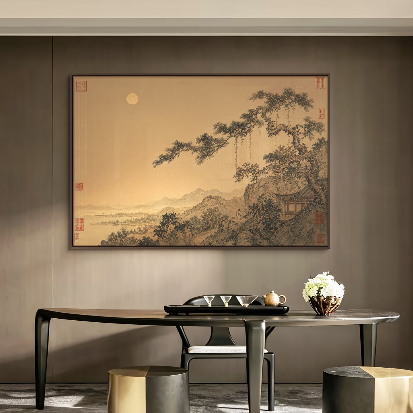 新中式迎客松横幅装饰禅意山水客厅背景挂画茶室书房松树远山国画
