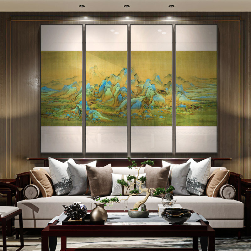 新中式千里江山图多联客厅沙发背景墙壁挂画酒店大堂走廊装饰画