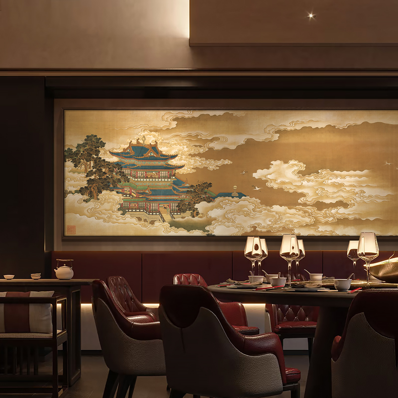 新中式祥云宫阙客厅沙发背景墙装饰画酒店民宿餐厅大气高端挂画图片