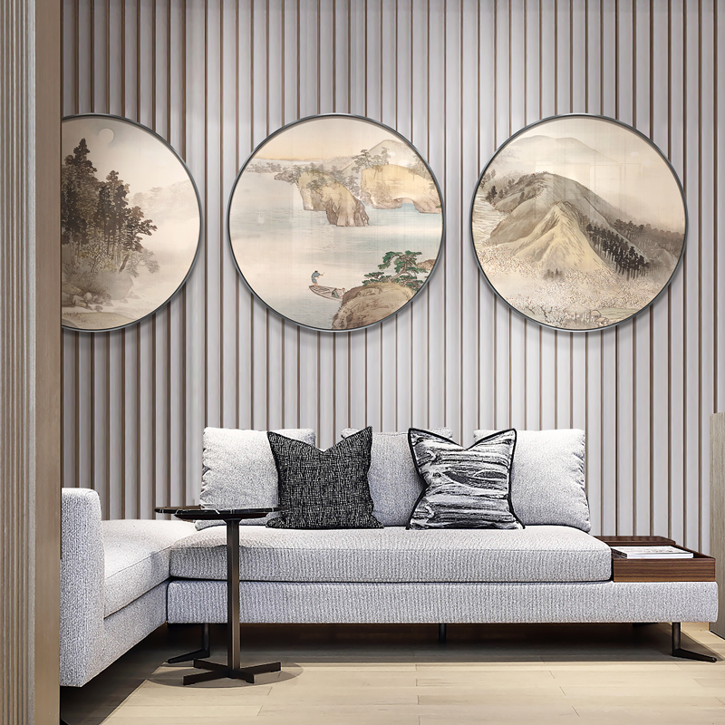 新中式客厅沙发背景墙挂画酒店餐厅圆形山水风景三联组合装饰画图片