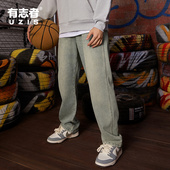 有志者UZIS牛仔裤 星芒 子水洗休闲直筒宽松阔腿长裤 男生美式 高街裤