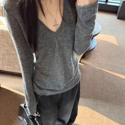 韩系复古灰色v领长袖针织衫女潮