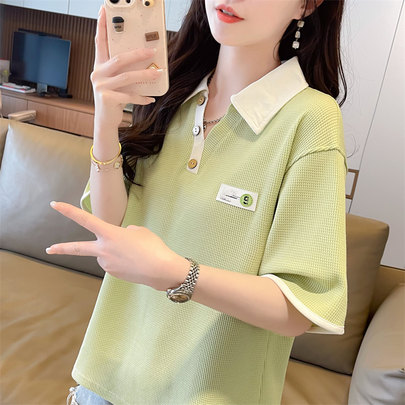 宽松短款假两件polo领t恤女短袖