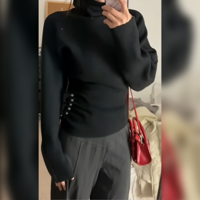 高级感黑色修身收腰长袖针织衫女