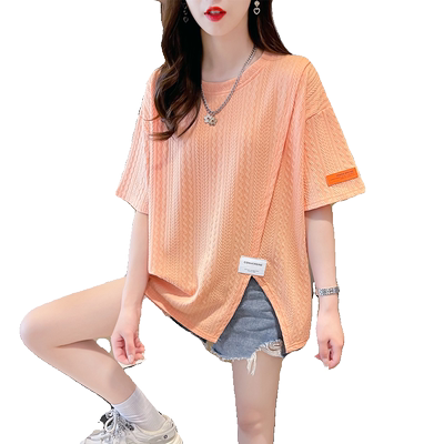 宽松提花设计感开叉短袖t恤女潮