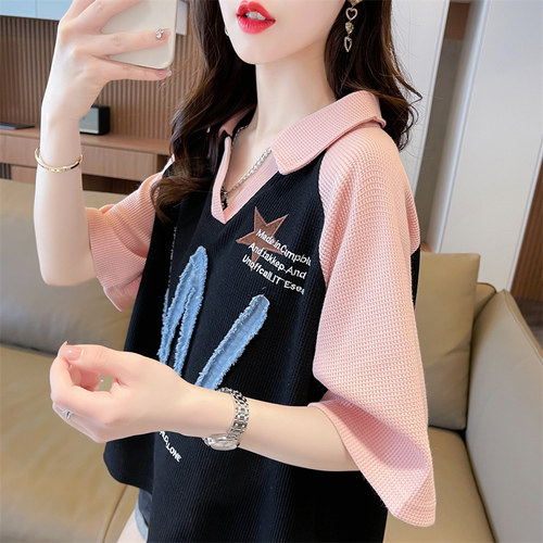 宽松华夫格刺绣小个子短袖t恤女