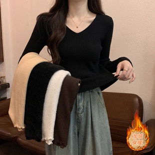 韩系穿搭低领毛衣内搭打底衫女早秋高级感修身紧身v领针织衫上衣