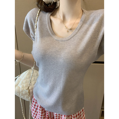 U领露锁骨冰丝短袖针织衫T恤女潮