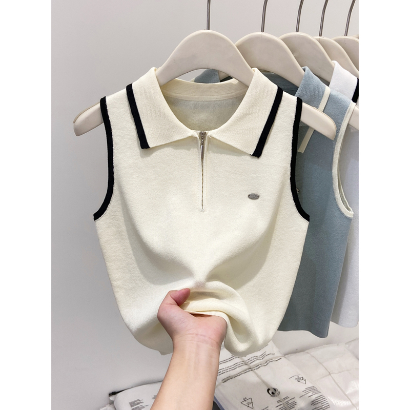 Polo衫翻领半拉链无袖针织背心女