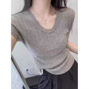 打底衫 冰丝u领针织短袖 设计感外穿微透麻花短款 t恤女夏季 上衣 薄款