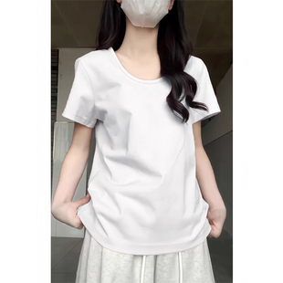 夏松弛感慵懒休闲显瘦半袖 白色U领宽松正肩纯棉t恤女短袖 体桖上衣