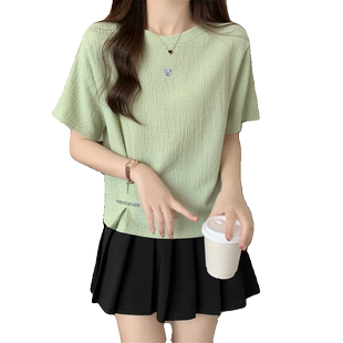 正肩开叉t恤女短袖夏装2025新款韩版宽松大码百搭小个子短款上衣
