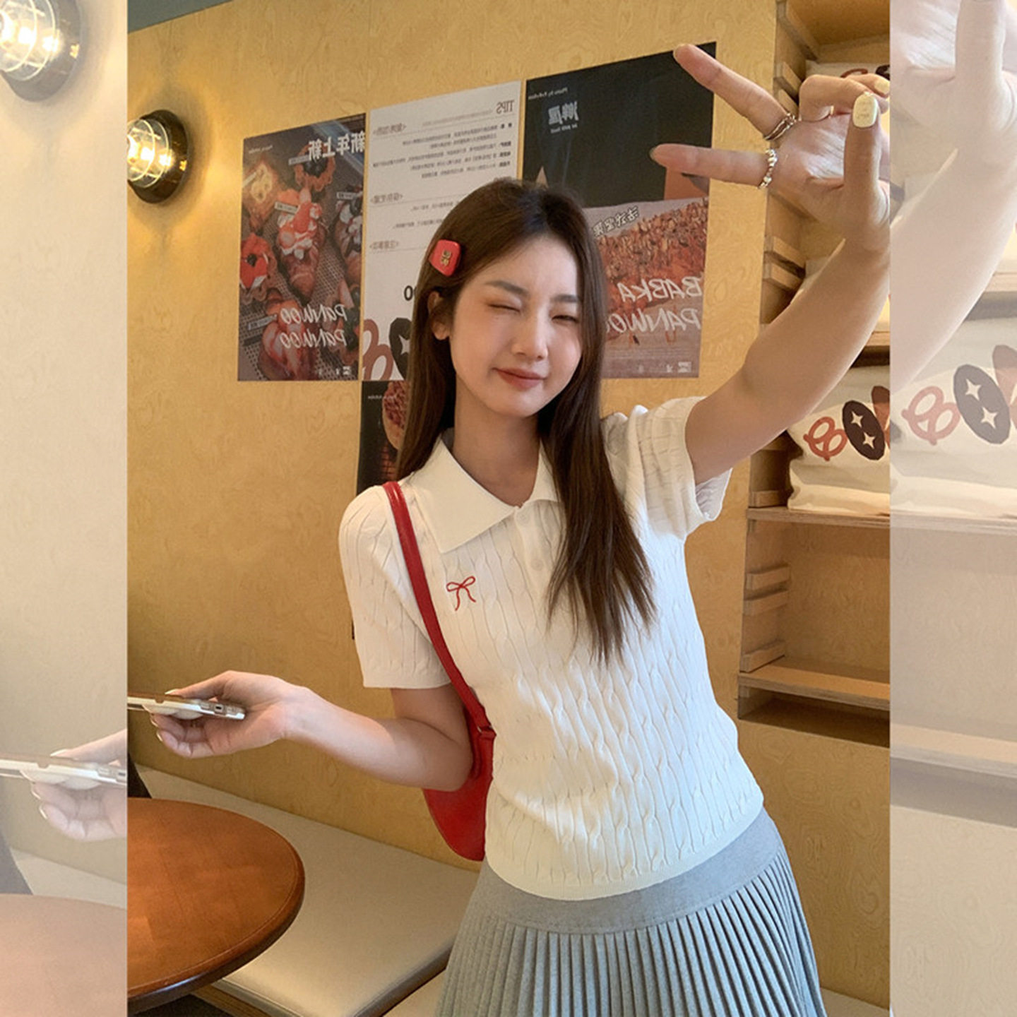 蝴蝶结刺绣Polo衫翻领针织衫女短袖夏季百搭修身复古麻花T恤上衣