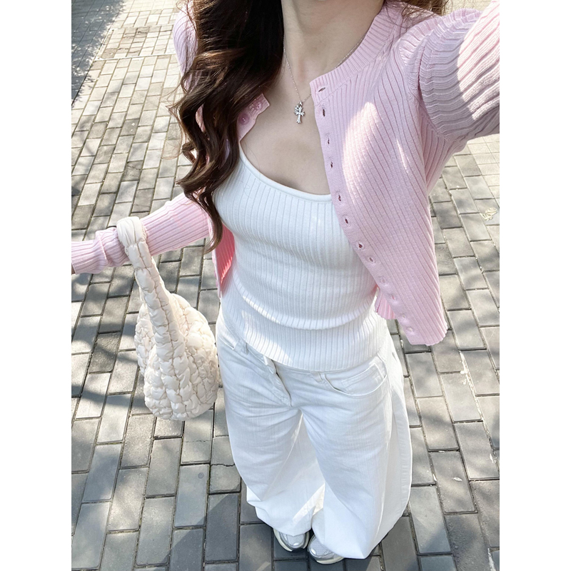 韩系粉色针织吊带背心开衫外套女
