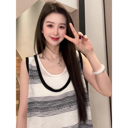 韩系假两件条纹针织无袖背心女夏季宽松慵懒风休闲甜辣妹短款上衣