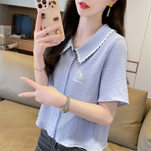 正肩polo领短袖t恤女夏韩版宽松大码女装胖mm小个子短款开衫上衣