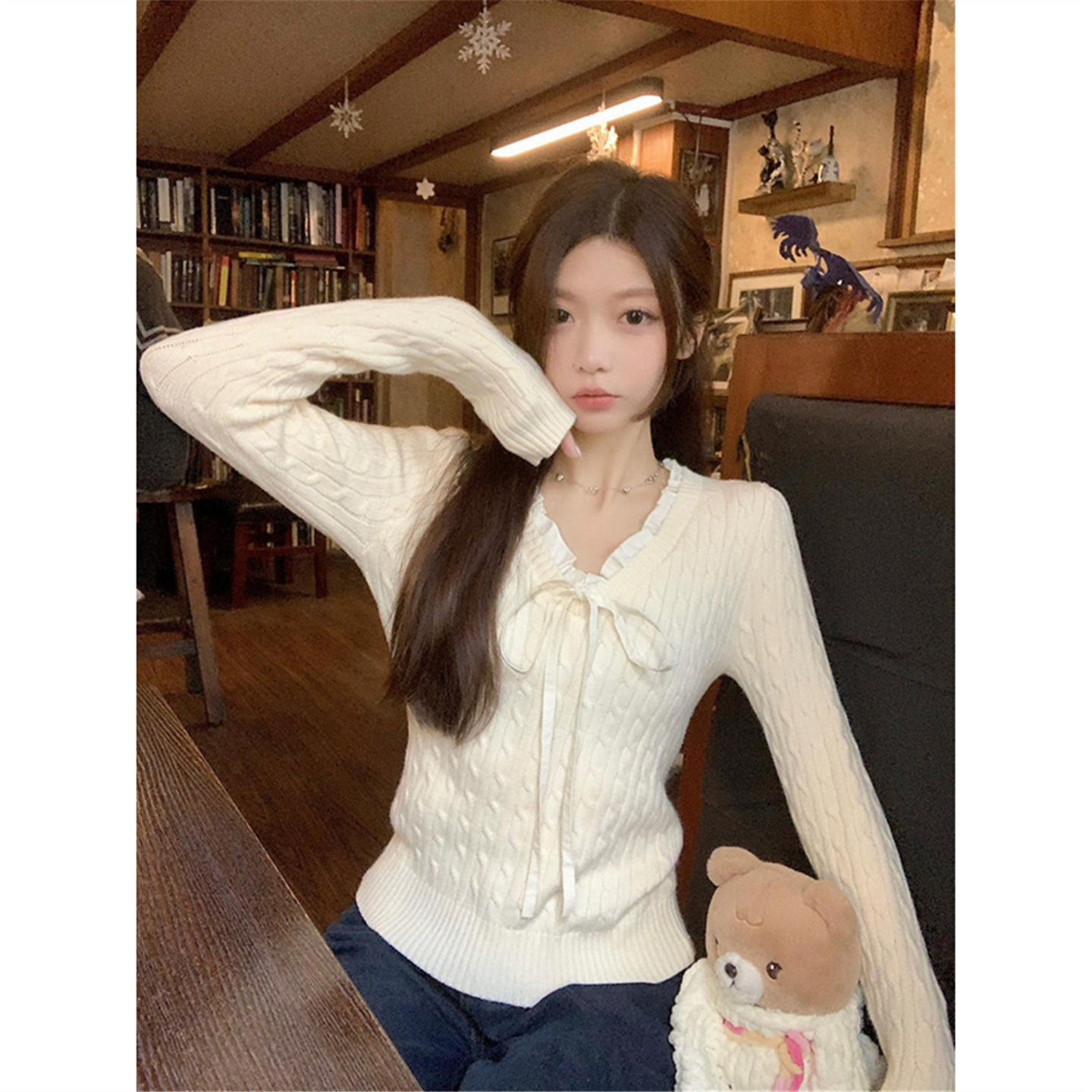 蕾丝花边系带v领针织衫女早春秋修身内搭麻花毛衣打底假两件上衣