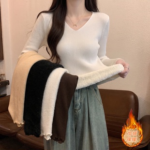 v领修身紧身针织打底衫女内搭春秋冬外穿加厚一体绒上衣低领毛衣