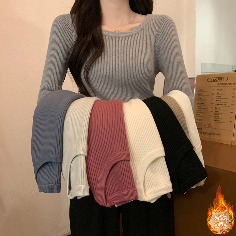 秋冬2025新款加厚加绒保暖圆领毛衣女内搭修身长袖打底针织衫上衣